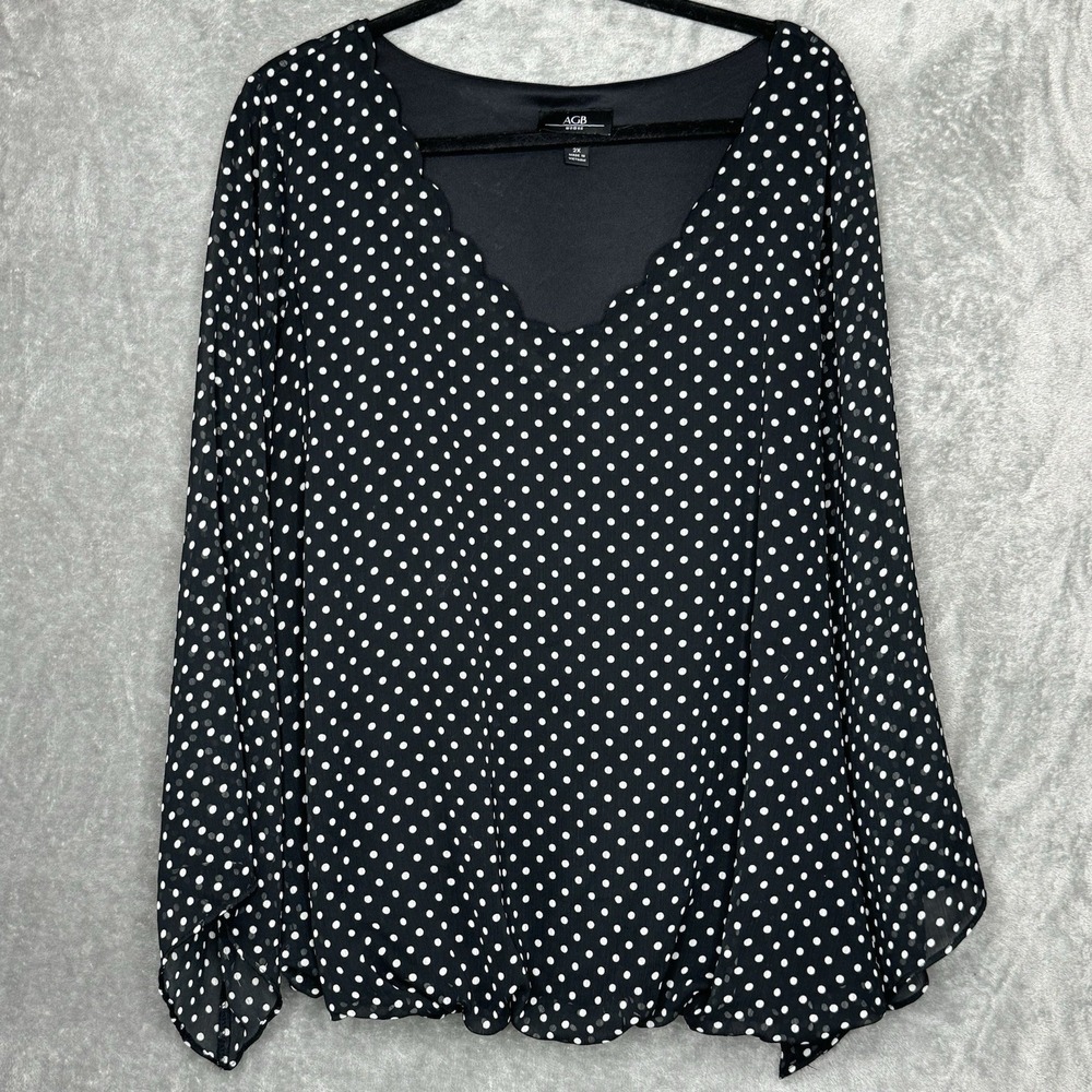AGB Woman 2X Shirt Top Black Polka Dot Flared Long Sleeve V Neck Semi Sheer